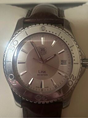 Tag Heuer Link Silver Case with Pink Champagne Dial and Brown Strap